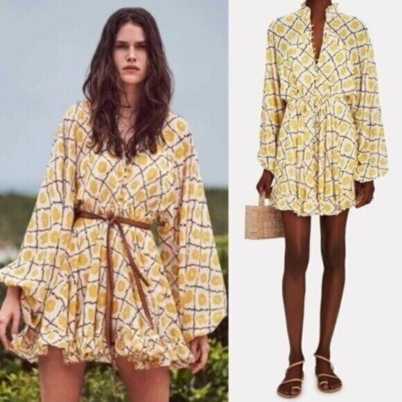 Alexis Dresses & Skirts - Alexis Rachael Tie Waist White Yellow Medallion Crepe Mini Dress Size XS